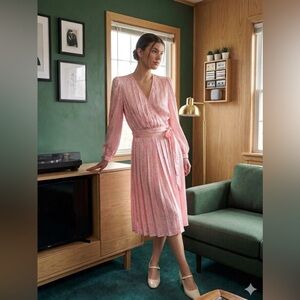 Vintage Argenti Pure Pastel Pink Pleated Jacquard Midi Dress